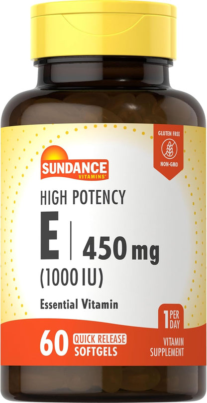 Sundance High Potency Vitamin E | 450 mg (1,000 IU) | 60 Softgels | Essential Vitamin Supplement | Non-GM and Gluten-Free Formula