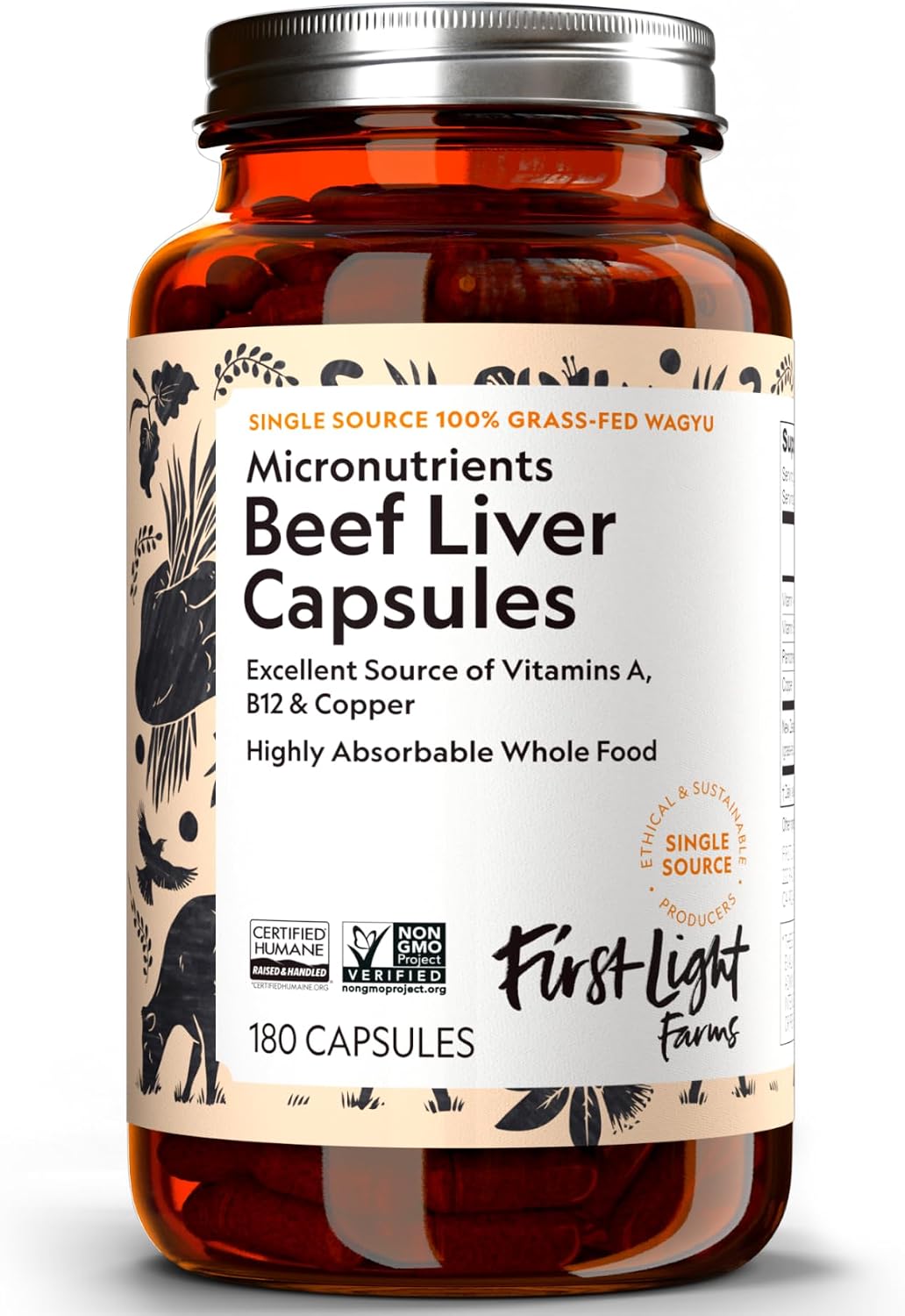 First Light Farms Grass-Fed Beef Liver Capsules - Freeze-Dried, 180 Capsules - görsel 1