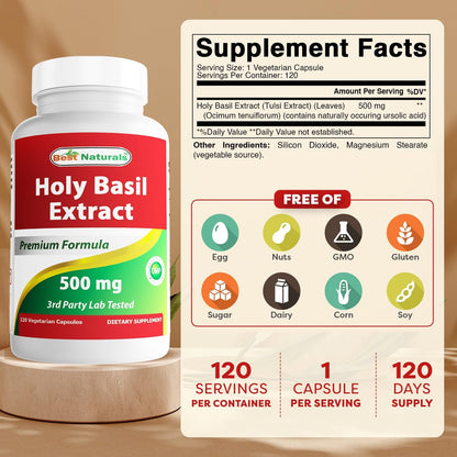 Best Naturals Holy Basil Extract 500 mg 120 Capsules (Pack of 2)