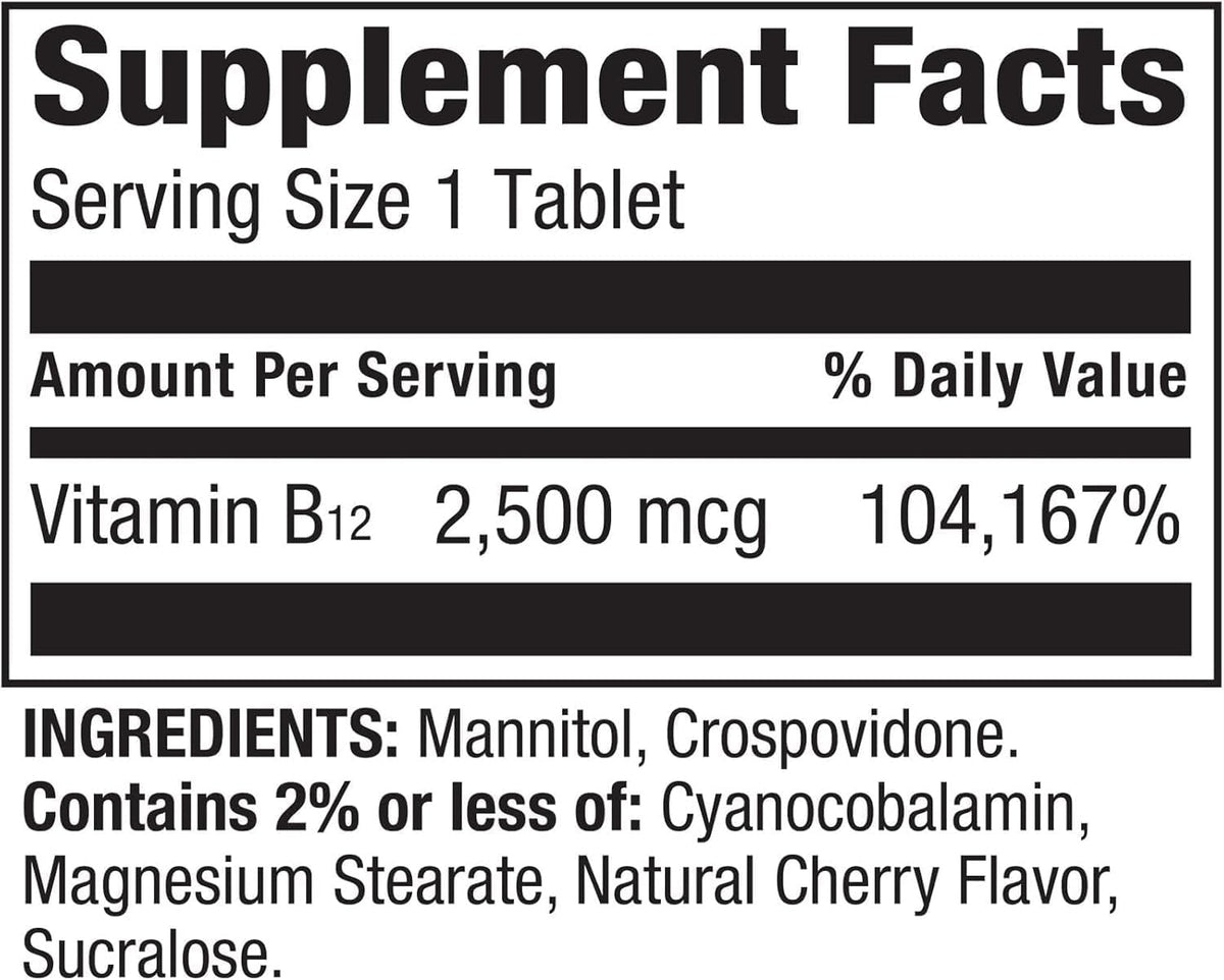 Spring Valley Vitamin B12 2500 mcg Quick-Dissolve Tablets - 120 Tablets (Vegan, Cherry Flavour) - görsel 3