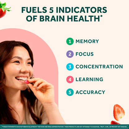 NEURIVA Original Brain Gummies with Phosphatidylserine and Neurofactor, Caffeine Free, Strawberry, 50 Count