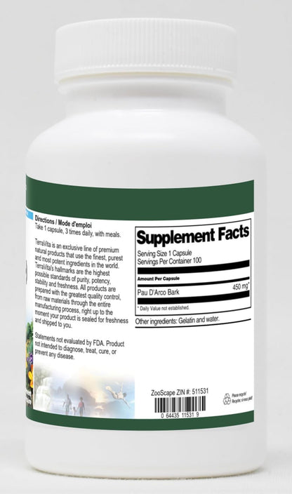 PAU D'Arco Bark (Ipe Roxo) - 450 mg, 100 Capsules