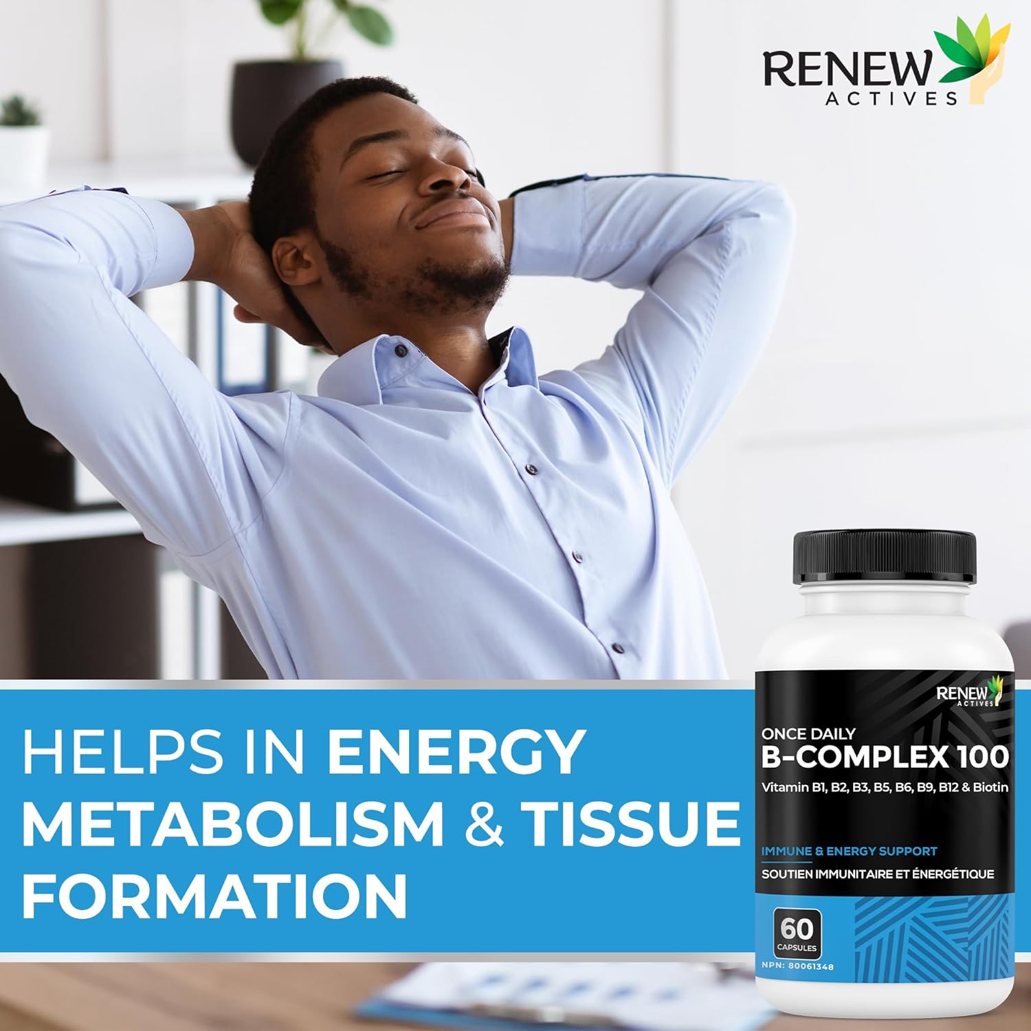 Renew Actives Vitamin B Complex 100 – Daily B1, B2, B3, B5, B6 & B12 for Energy and Metabolism – 60 Capsules - görsel 3