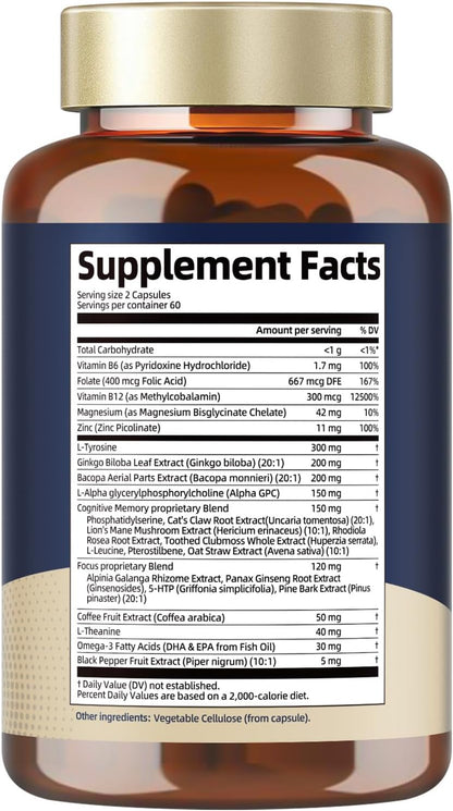25 in 1 Brain Supplements for Memory and Focus - Nootropic Cognitive Support with L-Tyrosine, Bacopa Monnieri, Ginkgo Biloba, Alpha GPC - Non-GMO, Gluten-free