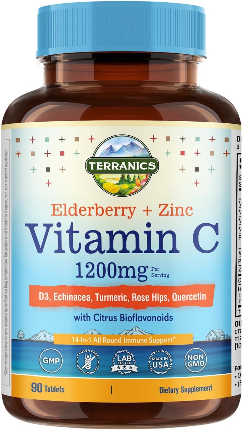 Terranics Vitamin C Elderberry Zinc, with Vitamin D3, A, B6, B12, Folate, Rose Hips, Citrus Bioflavonoids, Turmeric, Echinacea, 14-in-1 Daily Immune Support, 90 Tablets - görsel 1