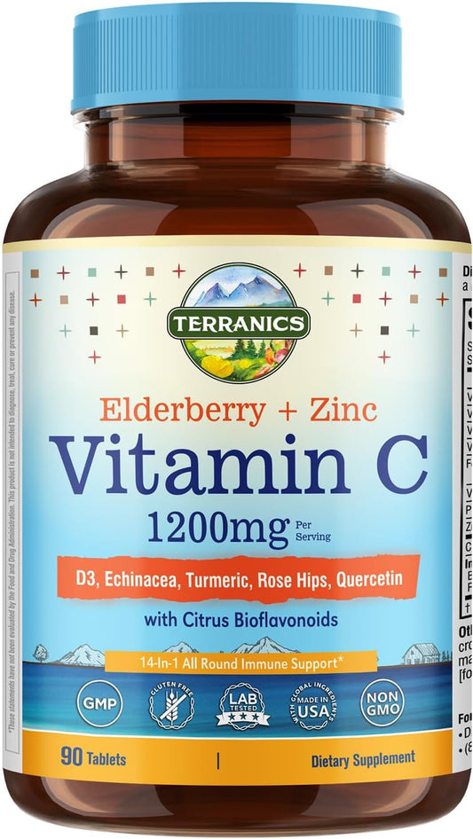 Terranics Vitamin C Elderberry Zinc, with Vitamin D3, A, B6, B12, Folate, Rose Hips, Citrus Bioflavonoids, Turmeric, Echinacea, 14-in-1 Daily Immune Support, 90 Tablets