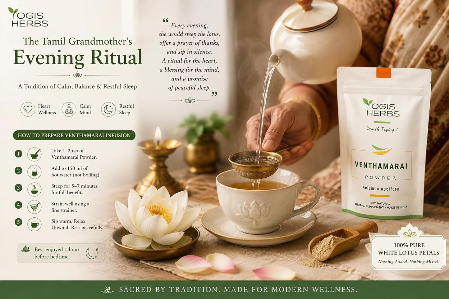 YOGIS HERBS Venthamarai Powder – Pure White Lotus (Nelumbo nucifera) Petal Powder for Heart Wellness & Calm - görsel 4
