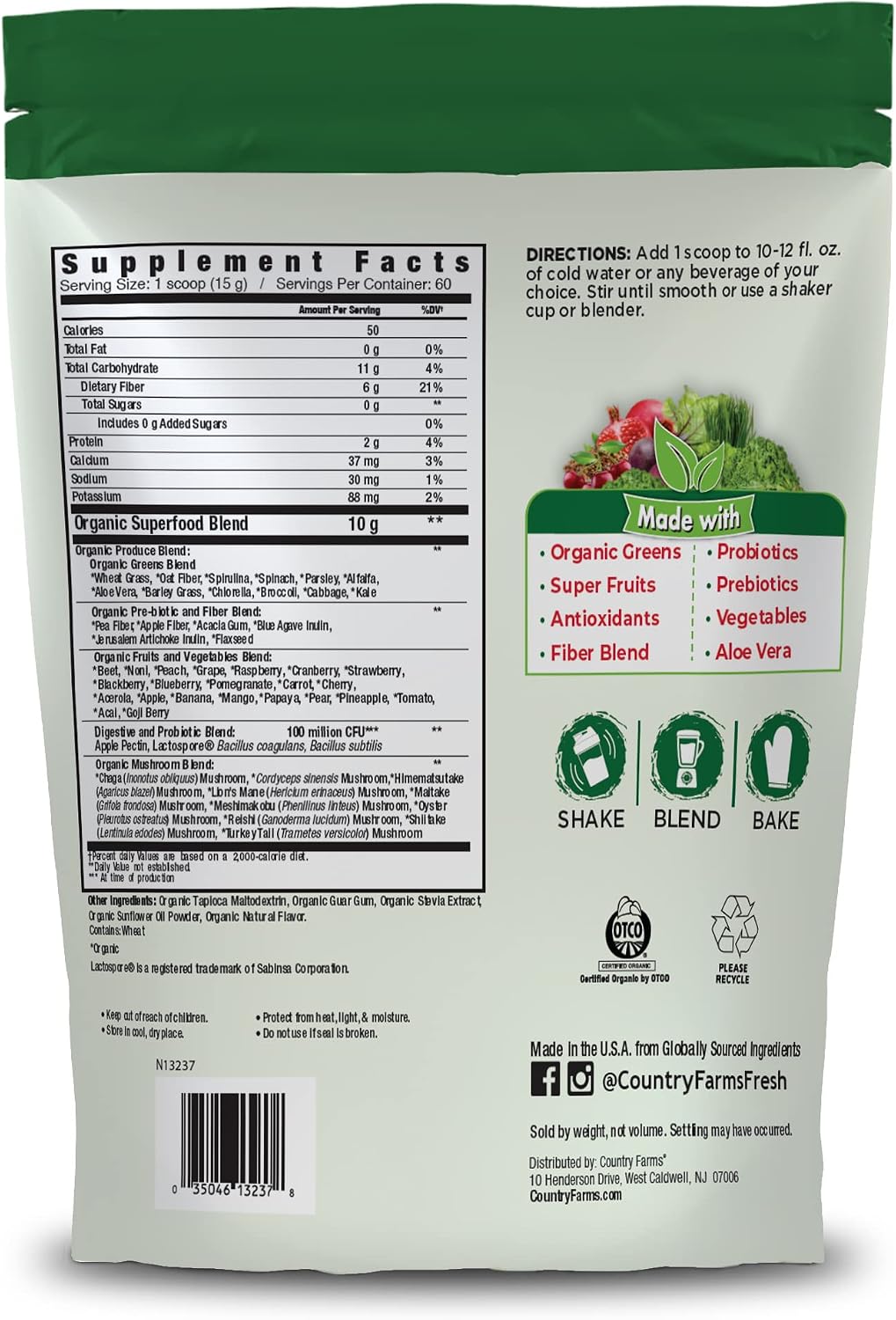 Country Farms Super Greens Natural Flavour – Organic Superfood Powder with Fibre, Mushrooms & Probiotics (60 Servings, 900g) - görsel 2