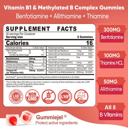 Vitamin B1 and Methylated Vitamin B Complex Gummies with Benfotiamine and Thiamine