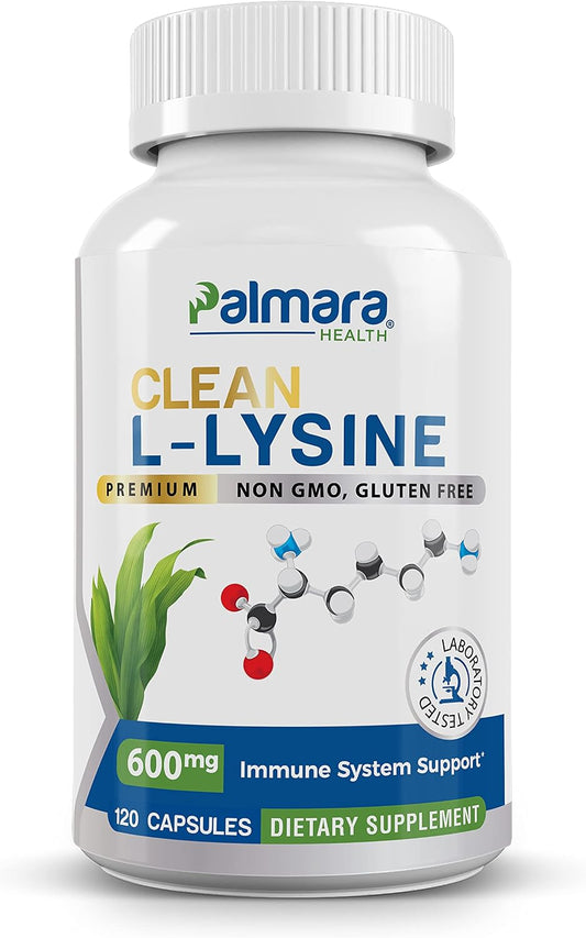 Palmara Health Clean L-Lysine 600mg, 120 Capsules - Vegan, Non-GMO, Gluten-free