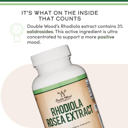 Rhodiola Rosea Food Supplement 500mg, 120 Vegan Capsules (3% Salidrosides, 1% Rosavins Extract) by Double Wood