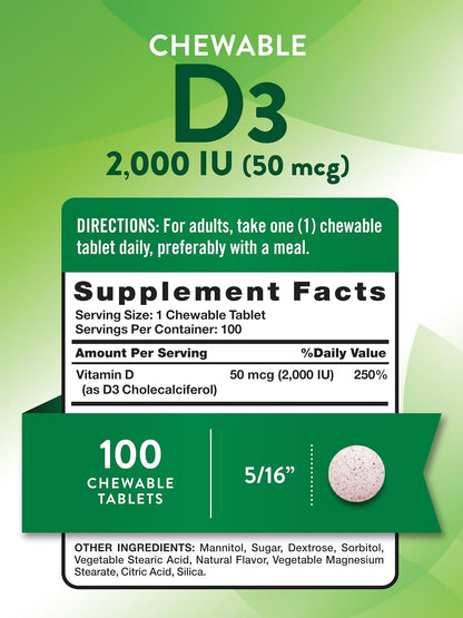 Nature's Truth Chewable Vitamin D3 2,000 IU - 100 Tablets, Berry Flavour - Vegetarian, Non-GMO, Gluten-free Supplement