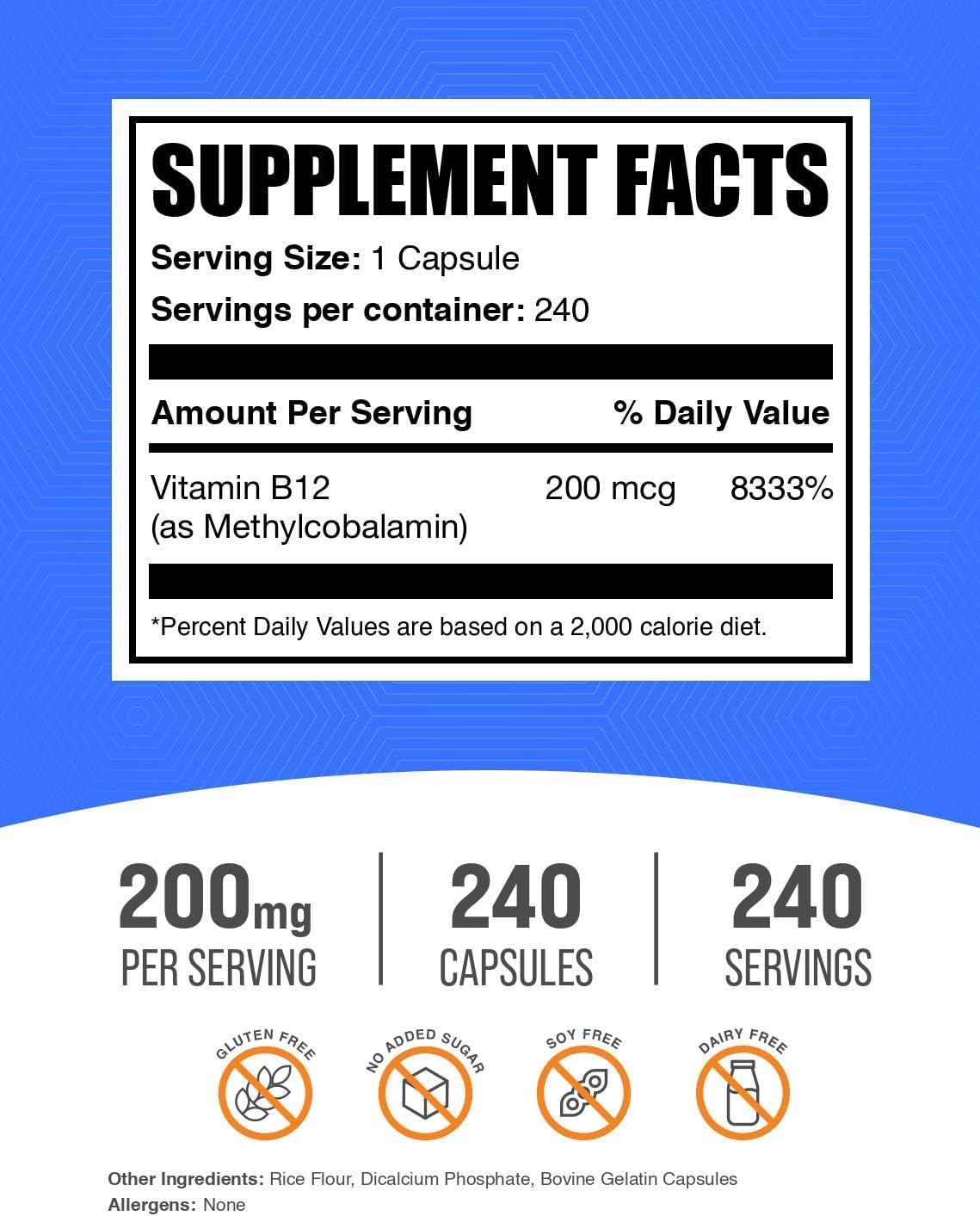 BulkSupplements Vitamin B12 Methylcobalamin Capsules, 200 mcg, 240 Capsules - görsel 2