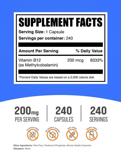 BulkSupplements Vitamin B12 Methylcobalamin Capsules, 200 mcg, 240 Capsules