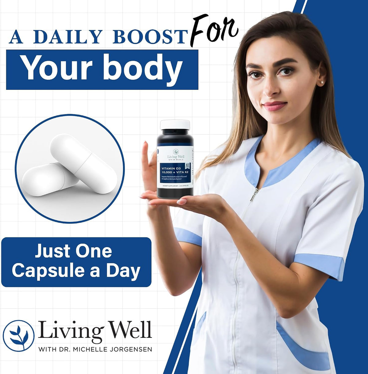 Living Well Dr. Michelle Vitamin D3 10,000 IU with K2 – 60 Capsules – Image 3