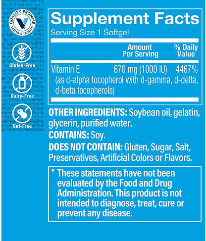 The Vitamin Shoppe Vitamin E 1,000 IU - Antioxidant Support for Skin Health & Immune Function, Daily Vitamin (60 Softgels)