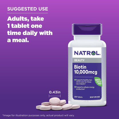 Natrol Biotin 10000mcg for Healthy Hair, Skin and Nails, 200 Tablets