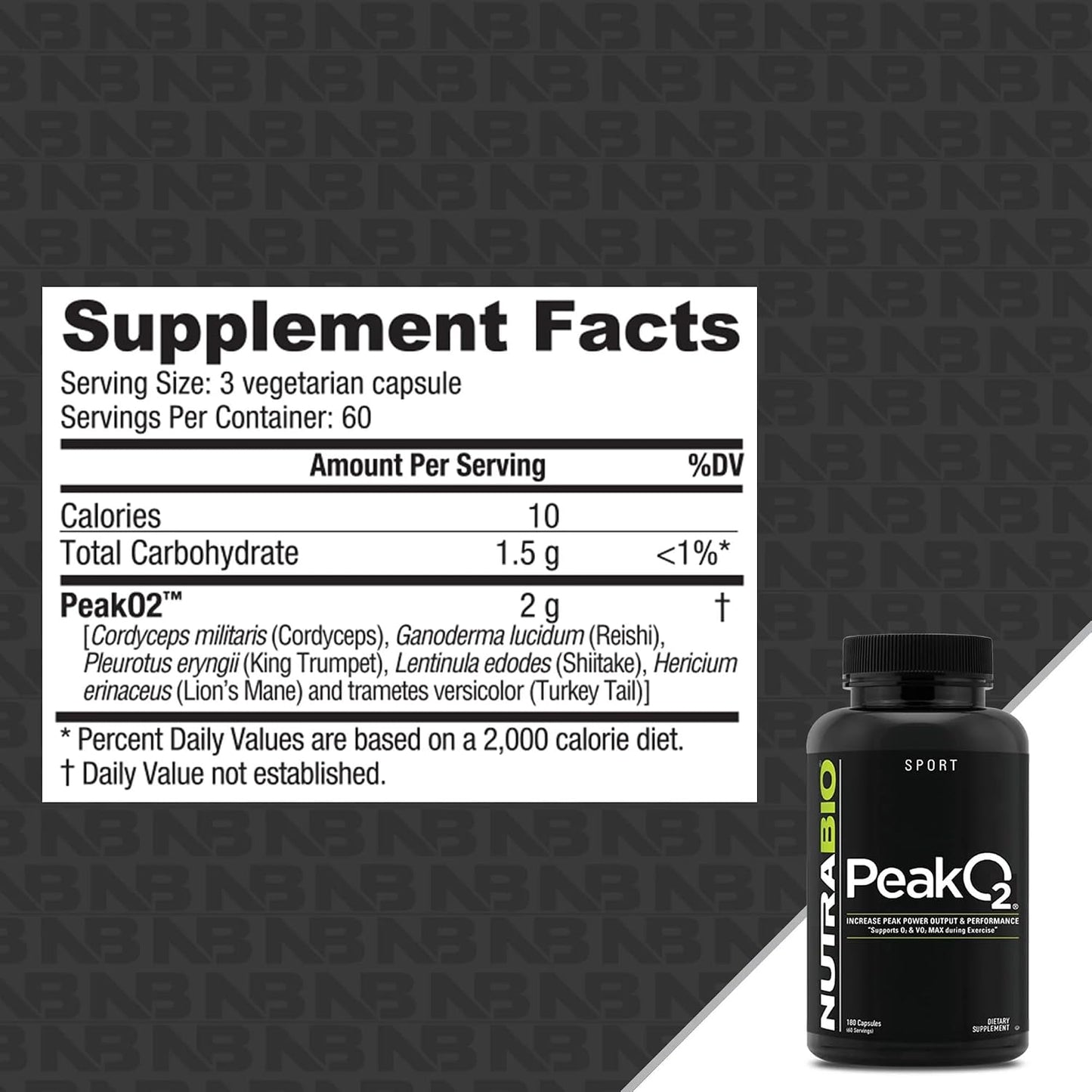 NutraBio PeakO2 Sports Supplement, 180 Capsules - Organic Mushroom Blend for Athletic Performance and General Health - görsel 2