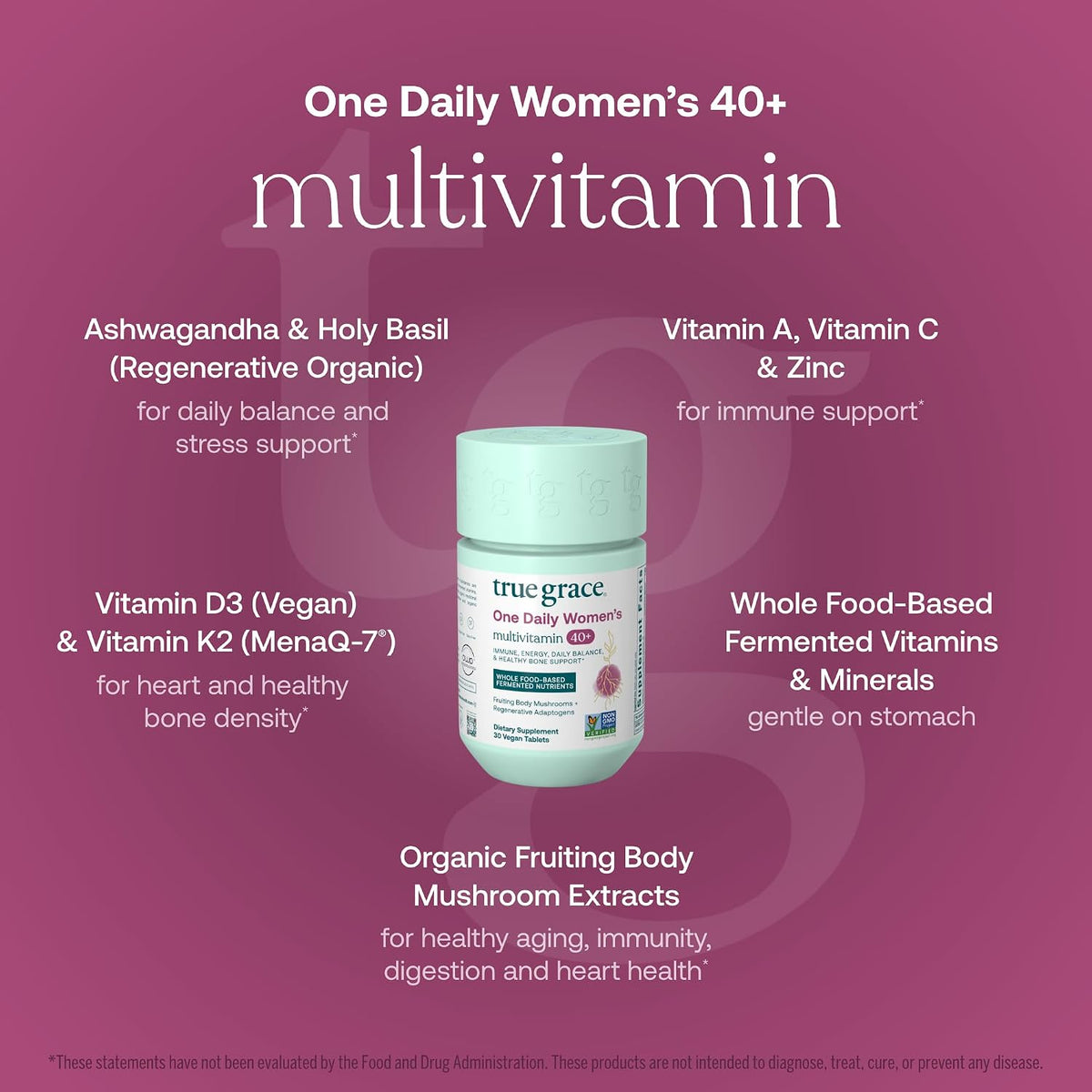 True Grace One Daily Women’s Multivitamin 40+ with Fermented Minerals, Organic Adaptogens & Mushrooms for Energy, Immune & Bone Support - Non-GMO - Iron, Gluten & Soya Free - 30 Vegan Tablets - görsel 3