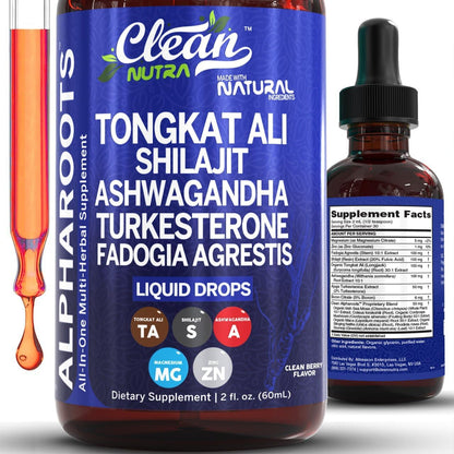 Clean Nutra Tongkat Ali Liquid Drops – Herbal Supplement for Men with Ashwagandha, Shilajit, Turkesterone, Magnesium, Irish Sea Moss, and Zinc