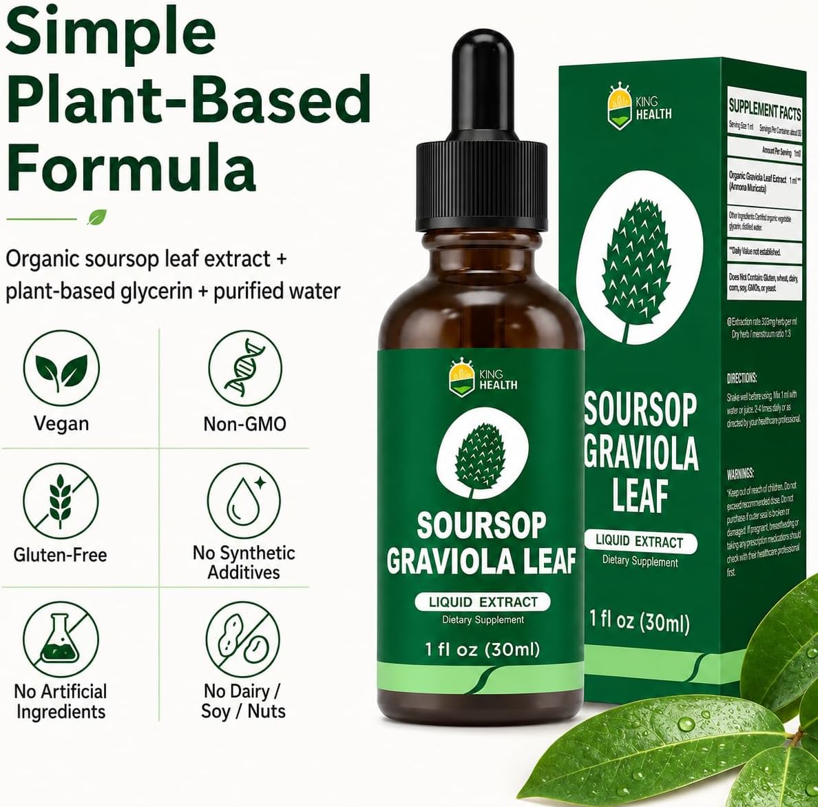 KingHealth Organic Soursop Graviola Leaf Extract Liquid Drops - Pure Herbal Supplement, 30 ml - görsel 5