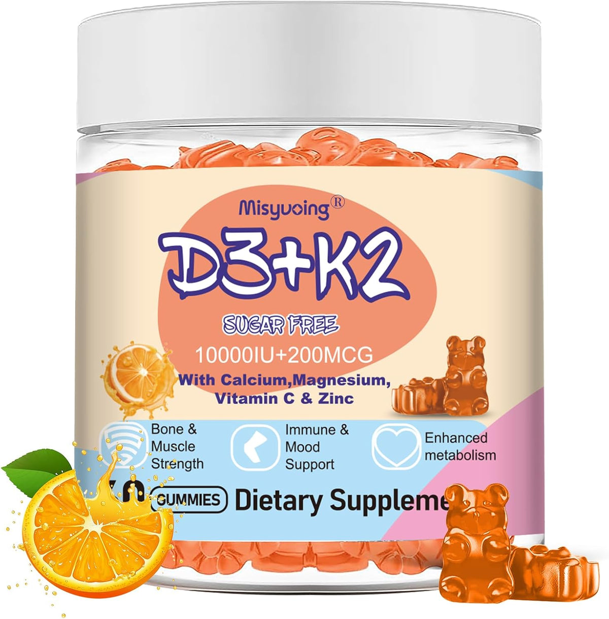 Misyvoing Vitamin D3 K2 Gummies with Vitamin C, Calcium, Magnesium & Zinc - 10,000 IU D3, 200mcg K2, Orange Flavour, Sugar-Free (60 Gummies) - görsel 1