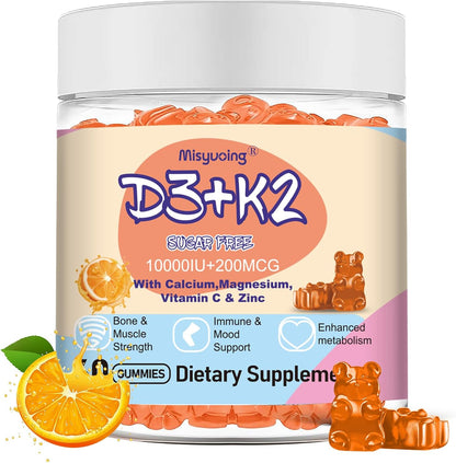 Misyvoing Vitamin D3 K2 Gummies with Vitamin C, Calcium, Magnesium & Zinc - 10,000 IU D3, 200mcg K2, Orange Flavour, Sugar-Free (60 Gummies)