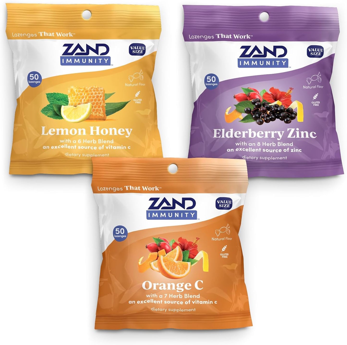 ZAND Immunity Variety 3 Pack – Lemon Honey, Elderberry Zinc & Orange C Throat Lozenges – Immune Support – 50ct each - görsel 1