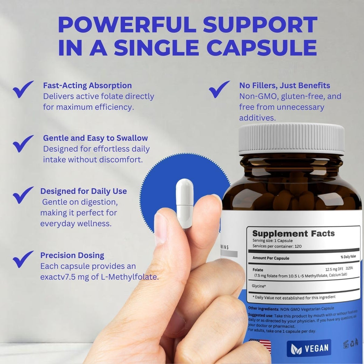 L Methylfolate 7.5 mg | 120 Caps | Max Potency Active Folate | VITAJAX - görsel 6