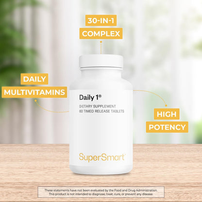 Supersmart - Daily 1® Timed Release - Multivitamin for Women and Men - with BioPQQ, Vitamins A, B, C, D, E, Biotin, Quercetin and Fisetin - Non-GM and Gluten-free - 60 Tablets