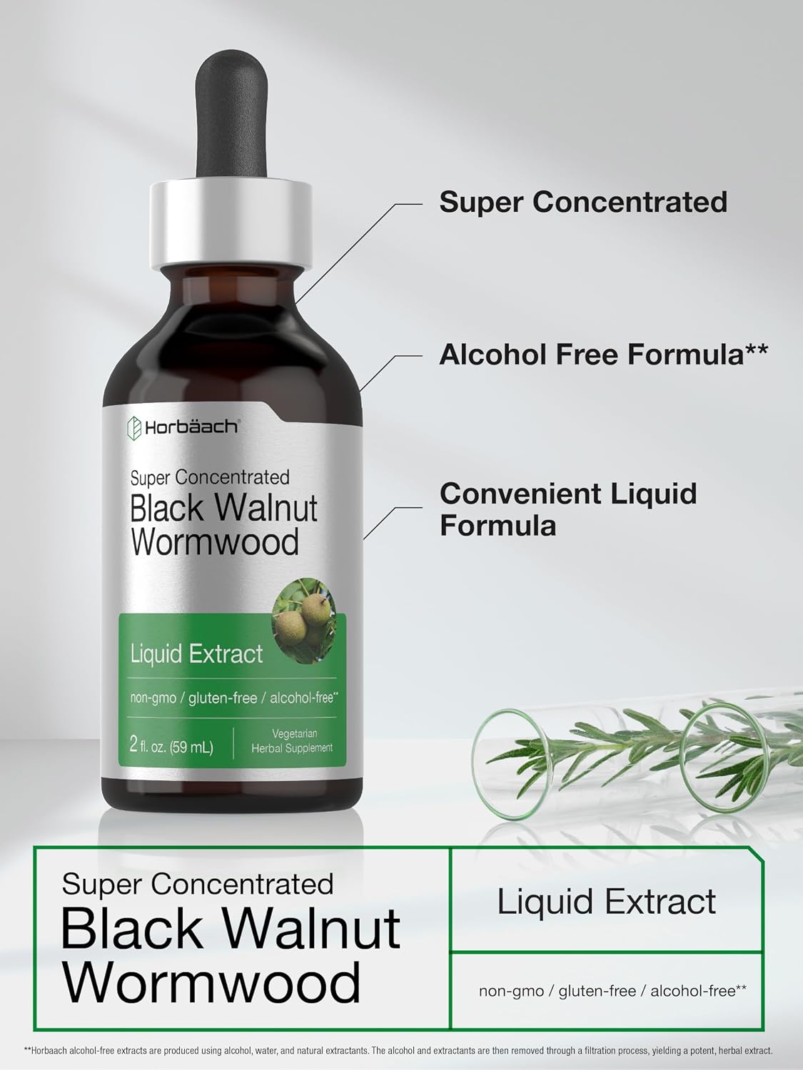 Horbäach Black Walnut Hull & Wormwood Extract Tincture - 59 ml, Alcohol-Free Liquid Supplement - görsel 4