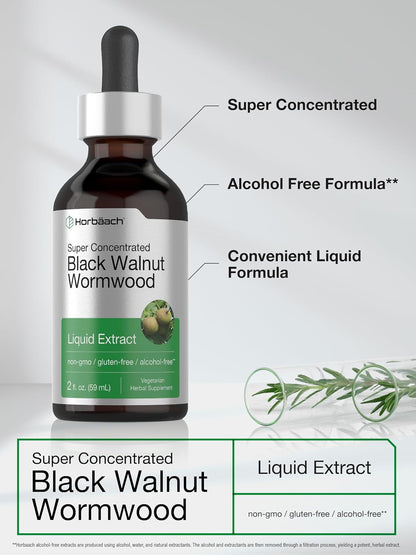 Horbäach Black Walnut Hull & Wormwood Extract Tincture - 59 ml, Alcohol-Free Liquid Supplement