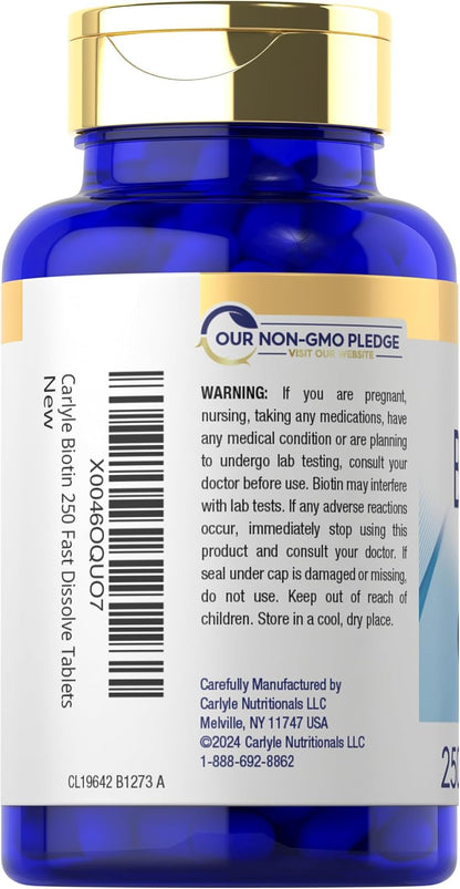 Carlyle Biotin 5000mcg Fast Dissolve Tablets, 250 Count – Vegetarian, Non-GMO, Gluten-free