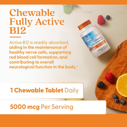 Doctor's Best Chewable Vitamin B12 Methylcobalamin - 5000 mcg, Vegan, Gluten-free, Non GMO, Mixed Berries Flavour - 60 Chewable Tablets