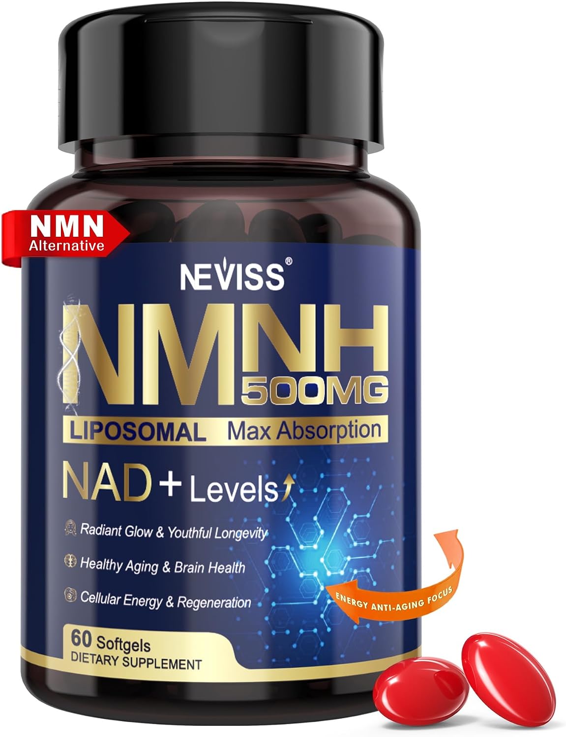 NEVISS NAD+ Supplement, Next-Gen NMNH Liposomal 500mg with Curcumin & Niacinamide – 60 Soft gel capsules - görsel 1