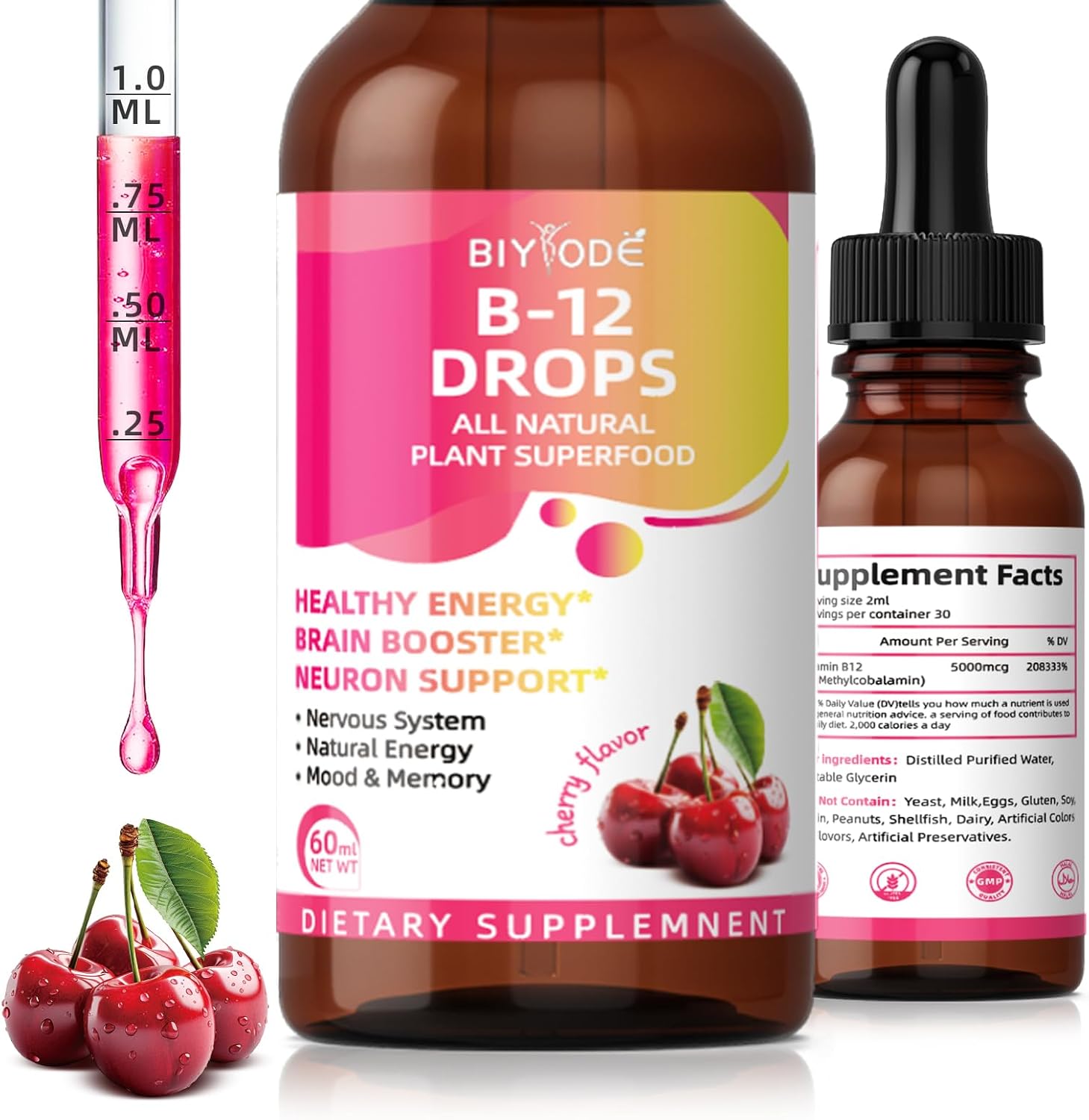 BIYODE Vitamin B12 5000 mcg Liquid Drops, Cherry Flavour, 60ml - görsel 1