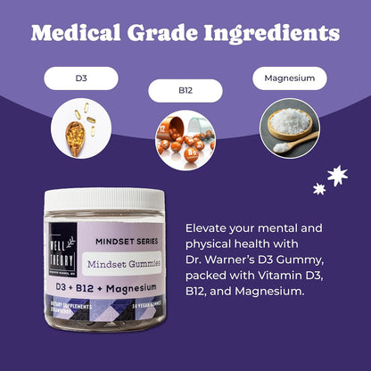 WELL THEORY D3 Gummy - Bone, Immune & Psychological Support with Magnesium & Vitamin B12, Strawberry Flavour, 30 Vegan Gummies