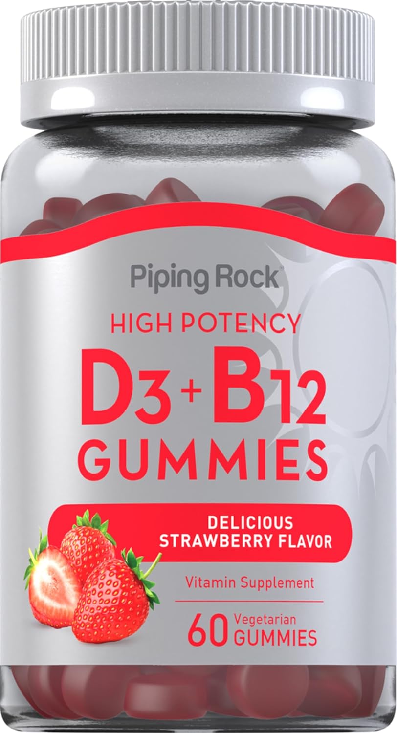 Piping Rock Vitamin D3 and B12 Gummies - High Potency, Strawberry Flavour, 60 Count - görsel 1