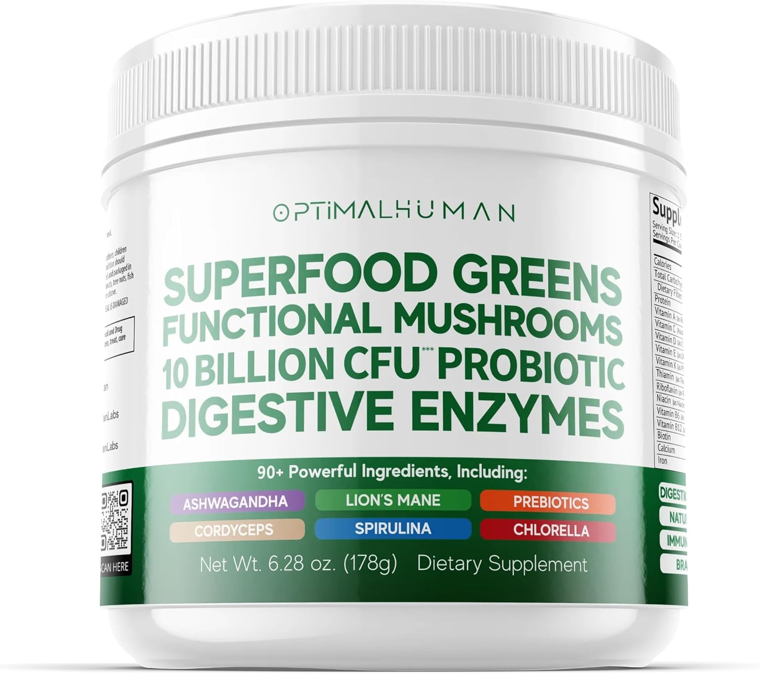 Optimum Human Superfood Greens Powder – 90+ Ingredient Blend with Lion’s Mane, Ashwagandha & Turmeric – Non-GMO, Soya-Free, Mushroom Supplements for Women – 178 g - görsel 1