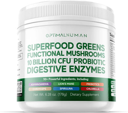 Optimum Human Superfood Greens Powder – 90+ Ingredient Blend with Lion’s Mane, Ashwagandha & Turmeric – Non-GMO, Soya-Free, Mushroom Supplements for Women – 178 g