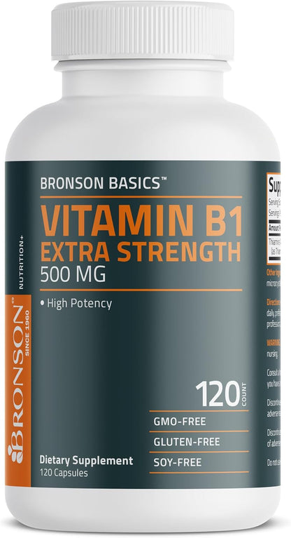 Bronson Vitamin B1 Extra Strength 500 mg – High Potency Thiamine Supplement, 120 Capsules
