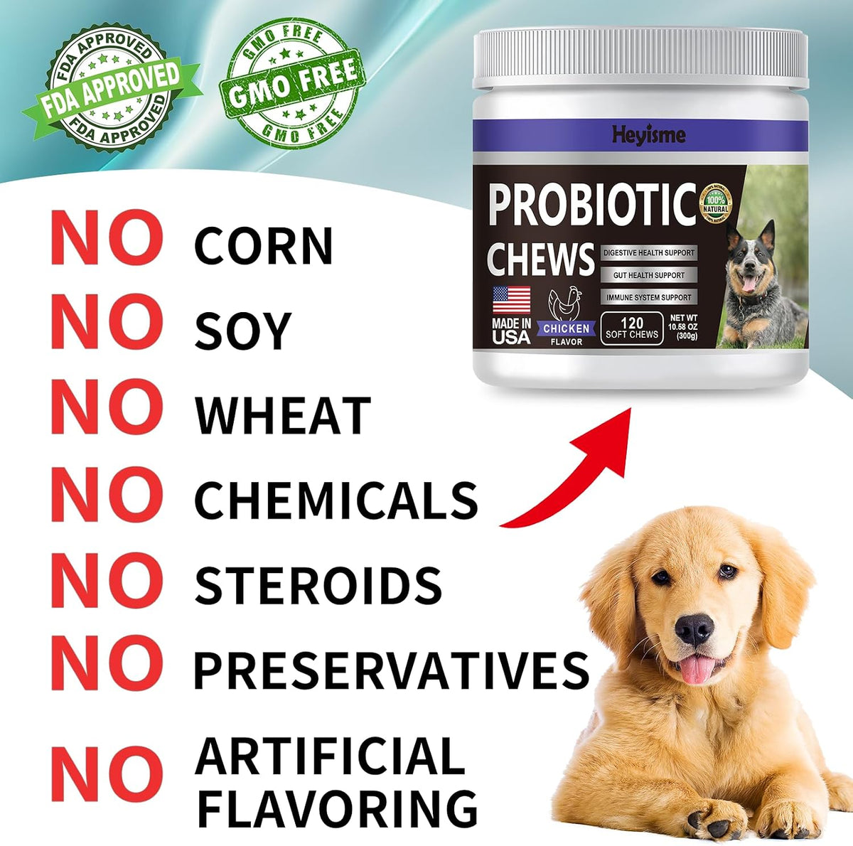 HEYISME Probiotics for Dogs - Support Gut Health, Itchy Skin, Yeast Balance, Immunity - Chicken-Flavoured, 120 Chews - görsel 5