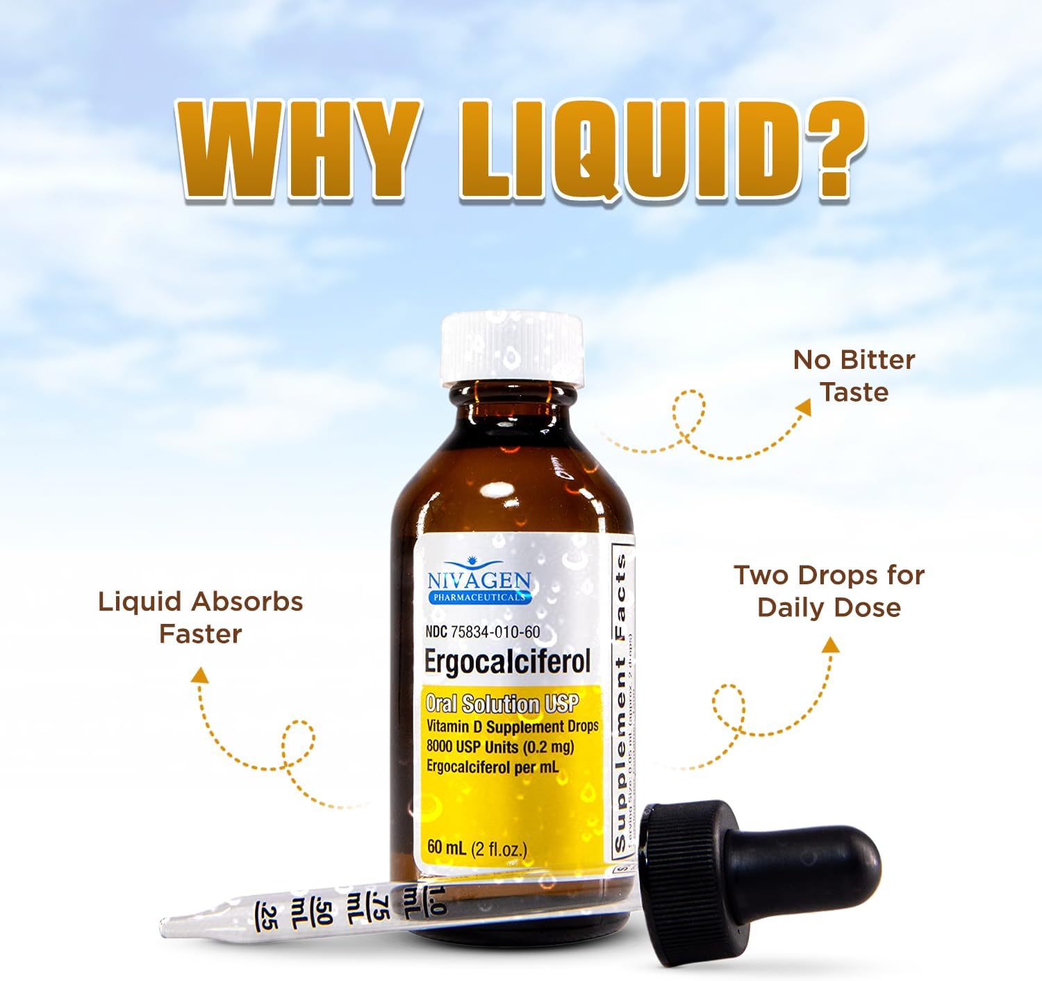 Nivagen Vitamin D2 Liquid Drops – 8,000 USP (Ergocalciferol) – 400 IU per Serving – 2 fl oz (60 ml) – 1,200 Servings - görsel 4