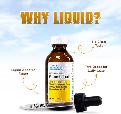 Nivagen Vitamin D2 Liquid Drops – 8,000 USP (Ergocalciferol) – 400 IU per Serving – 2 fl oz (60 ml) – 1,200 Servings