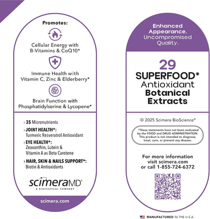 ScimeraMD® MultivitaminMD Full-Spectrum Multivitamin Food Supplement with Minerals, Antioxidants & Superfoods for Metabolism, Joint, Hair, Skin & Nail Support, 60 Capsules