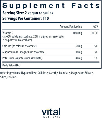 Vital Nutrients Buffered Vitamin C 500mg – Gentle Vitamin C for Sensitive Individuals, Immune Support, Vegan & Non-GMO (220 Capsules)