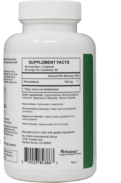 PRISTINE'S Pterostilbene 100mg Anti Ageing Supplement Capsules - 60 Day Supply
