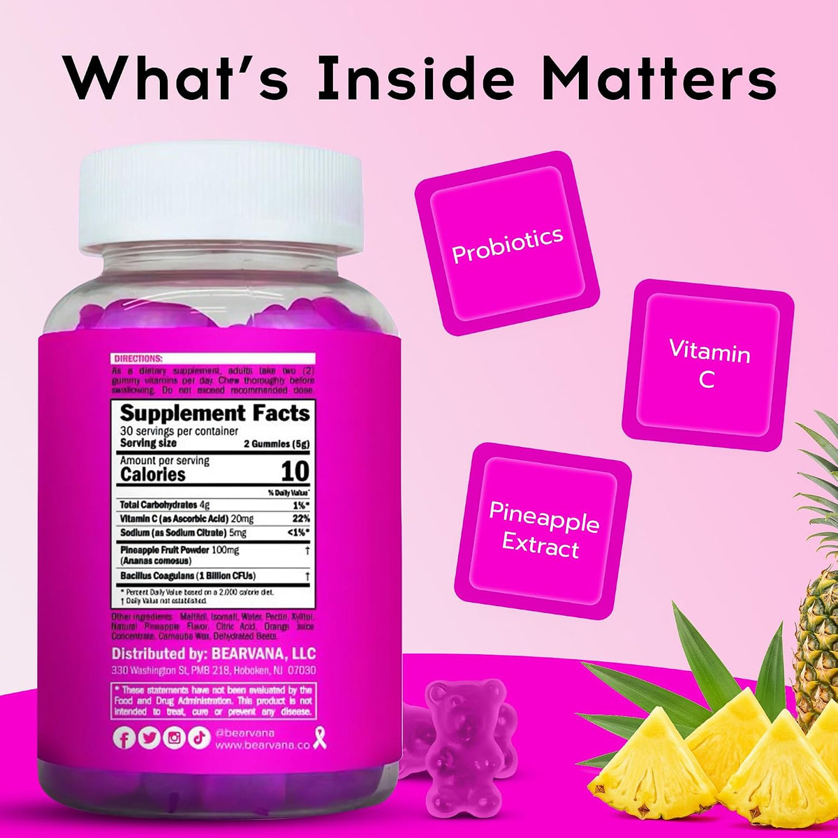 BEARVANA Vaginal pH Support & Probiotic Gummies for Women | Feminine Wellness & Intimate Care Supplement with Vitamin C | Pineapple Flavour | 60 Gummies - görsel 3