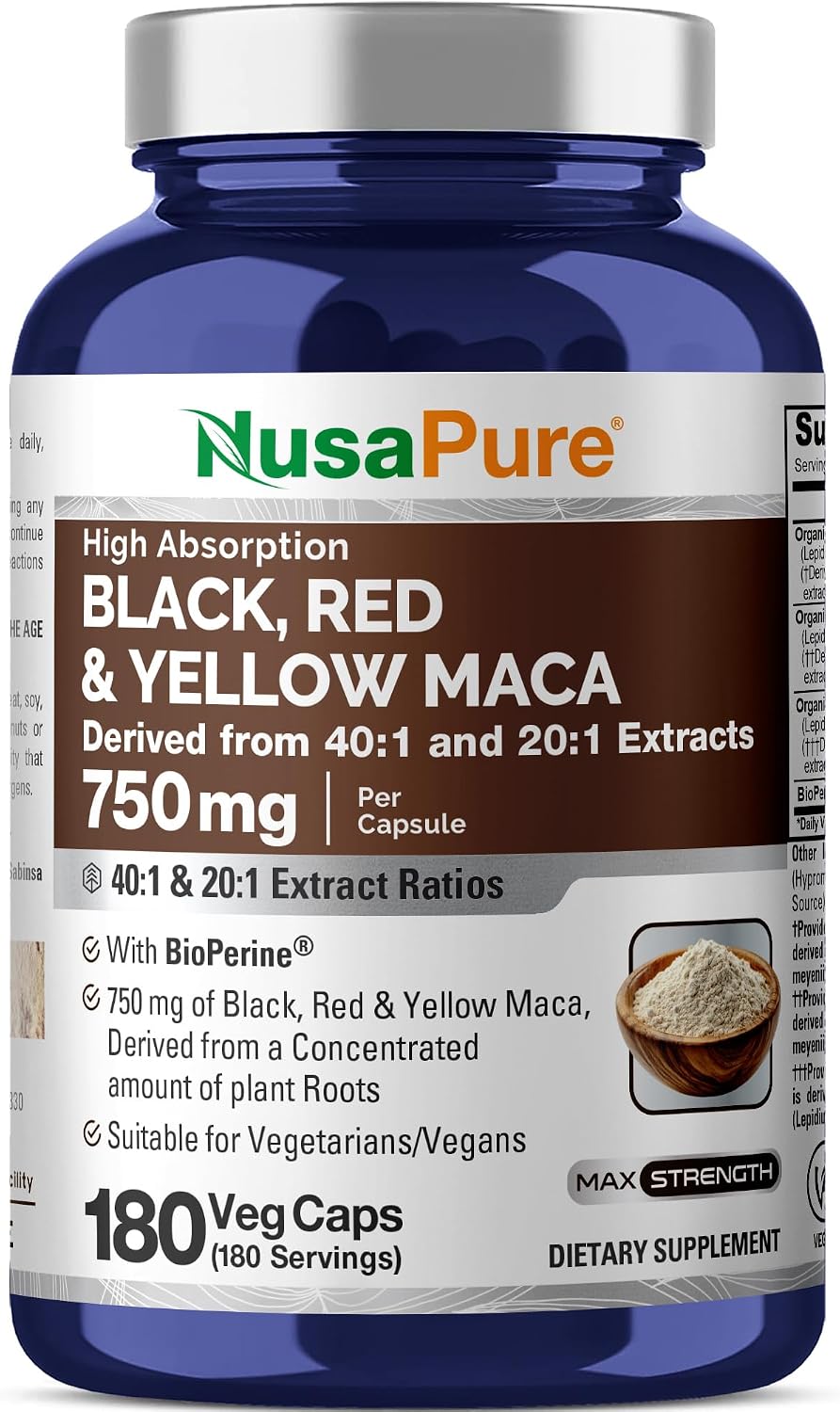 NusaPure Maca Root Black, Red, Yellow Capsules, 750 mg, 180 Veg Capsules (Non-GM, Vegan) - görsel 1