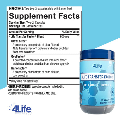 4Life Transfer Factor Tri Factor Formula - Immune Support Supplement with Bioactive Peptides - 60 Veggie Capsules